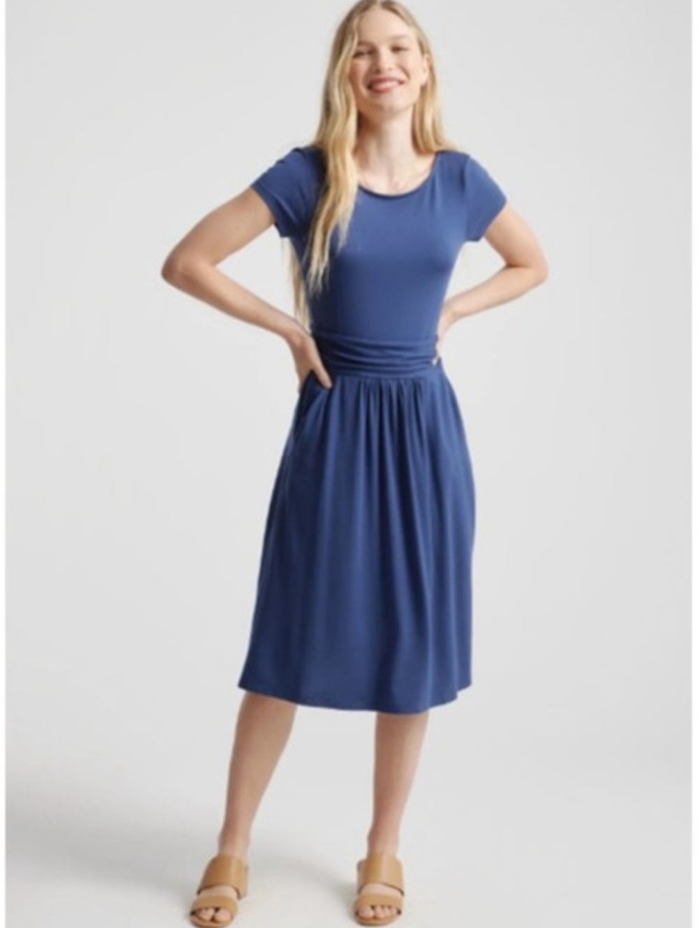Quince Navy Tencel Jersey Ruched Waist Dress, Women's M